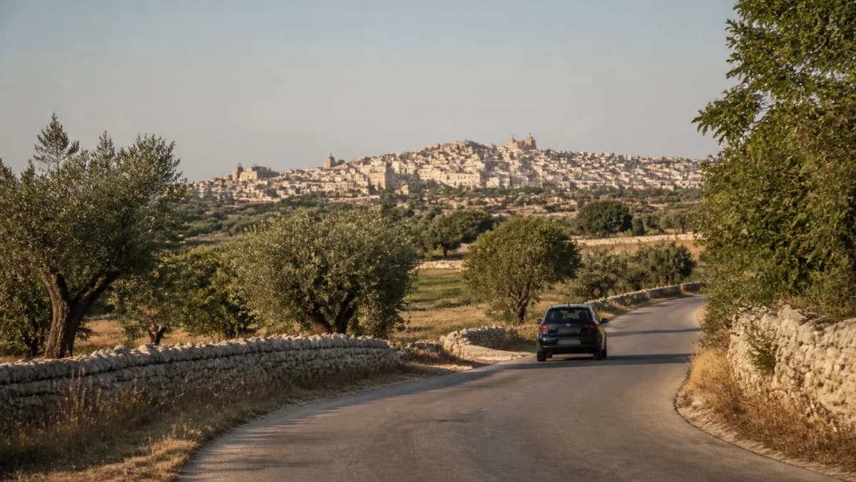 Rental car on a sunlit road through southeast Sicily near Ragusa