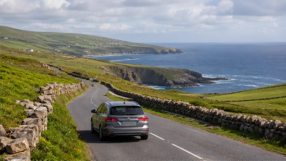 Rental car on a green coastal road in County Cork, Ireland