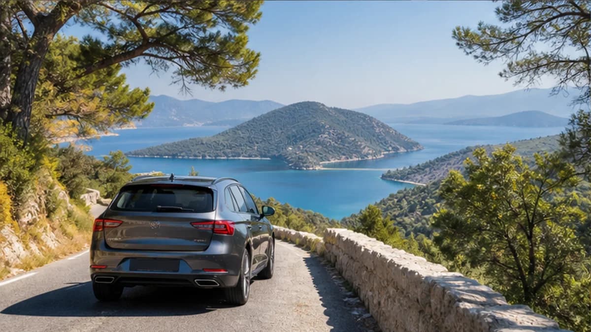 Rental car above an Aegean bay near Dalaman in Turkey
