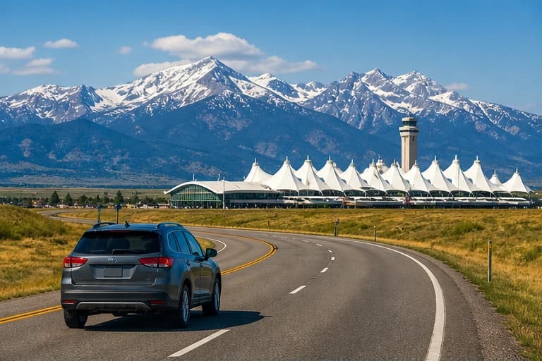 Rental car on a mountain highway beneath snowy Colorado peaks near Denver