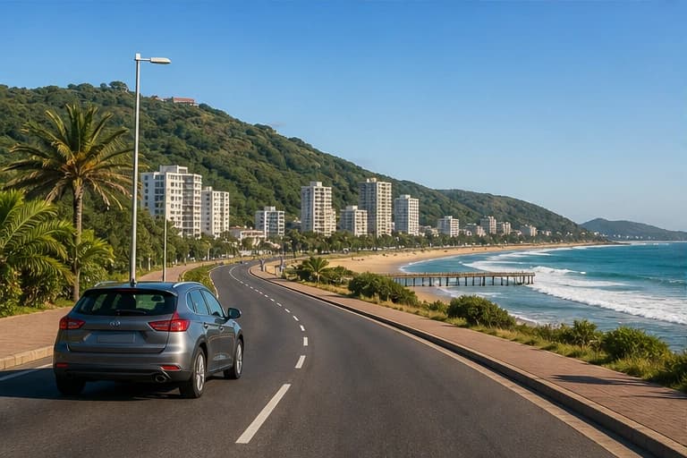 Rental car on a green coastal road north of Durban