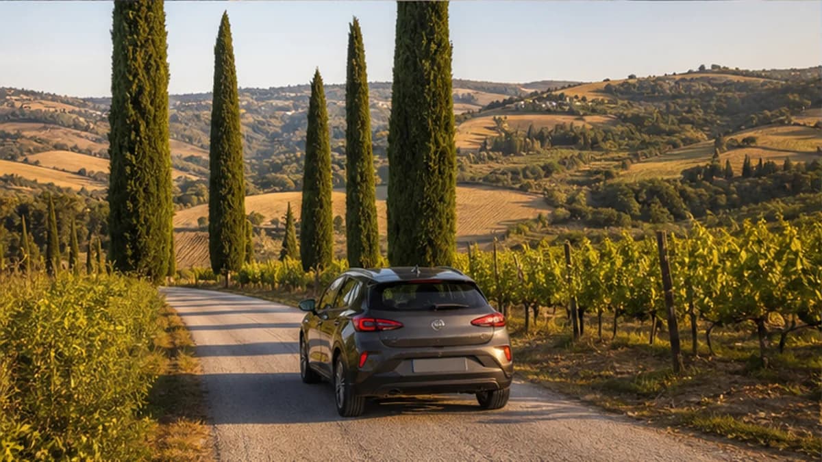 Rental car on a cypress-lined road through the Tuscan hills near Florence