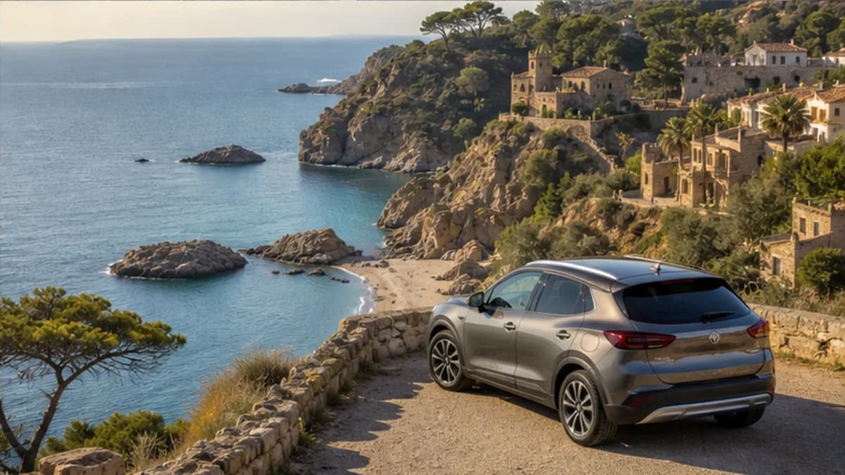 Rental car on a coastal road above the Costa Brava near Girona