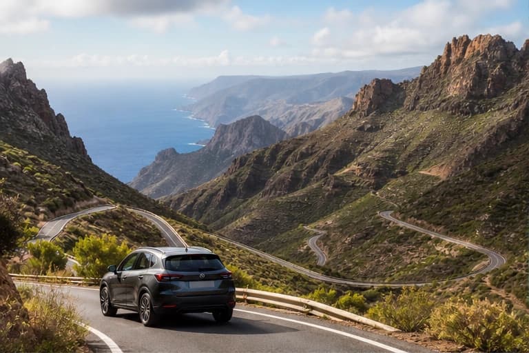 Rental car following a mountain road through the volcanic interior of Gran Canaria