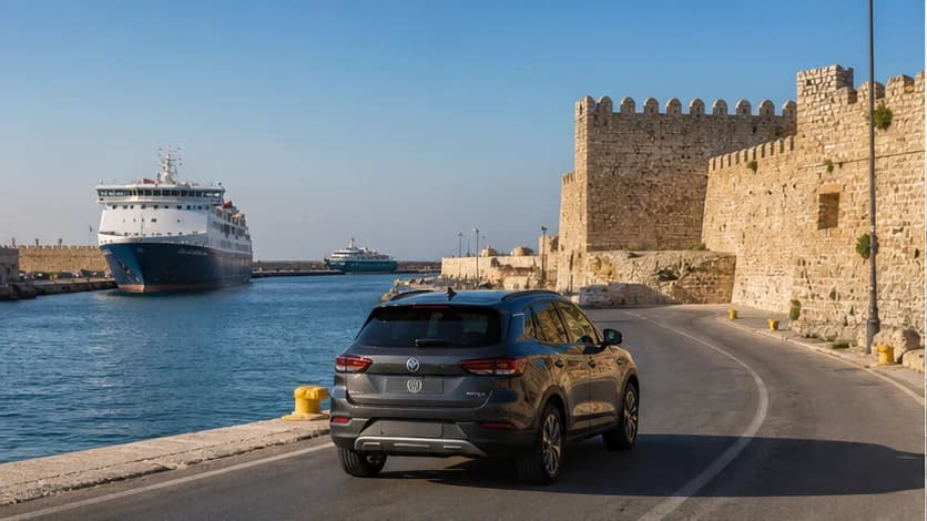 Rental car near Heraklion harbour with the Cretan coast beyond