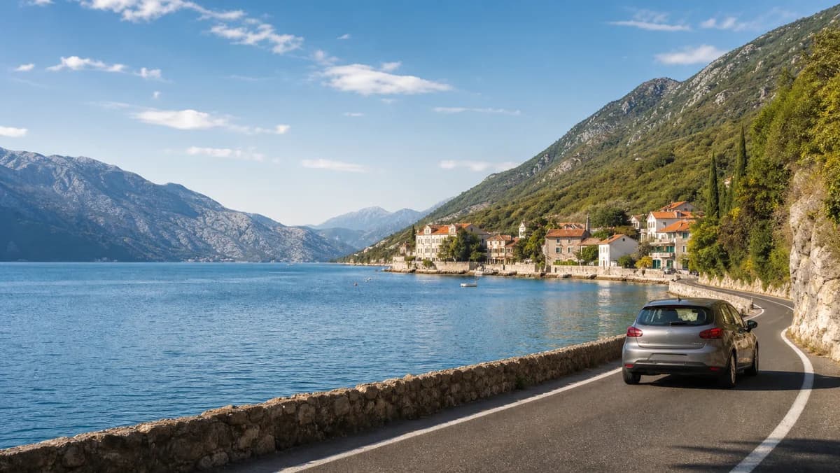 Rental car on Montenegro's Adriatic coast near Herceg Novi and the Bay of Kotor