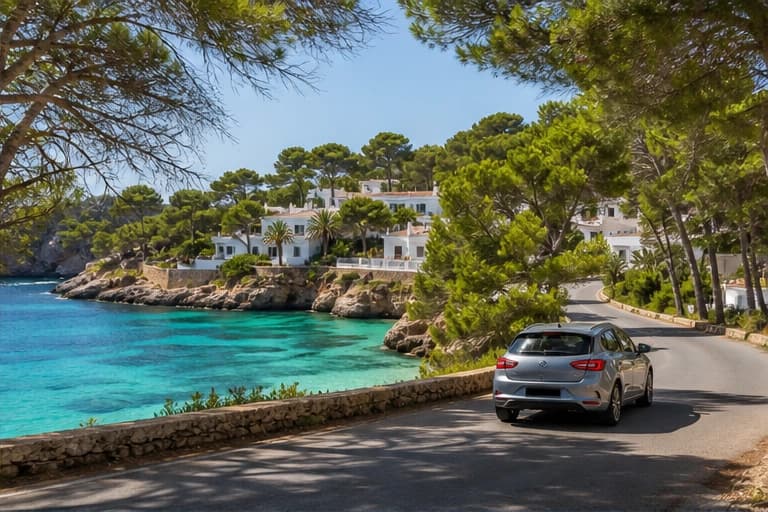 Rental car on a sunlit road above a turquoise cove in Ibiza