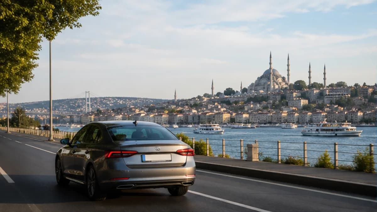 Rental car on a bright Bosphorus-side road outside Istanbul