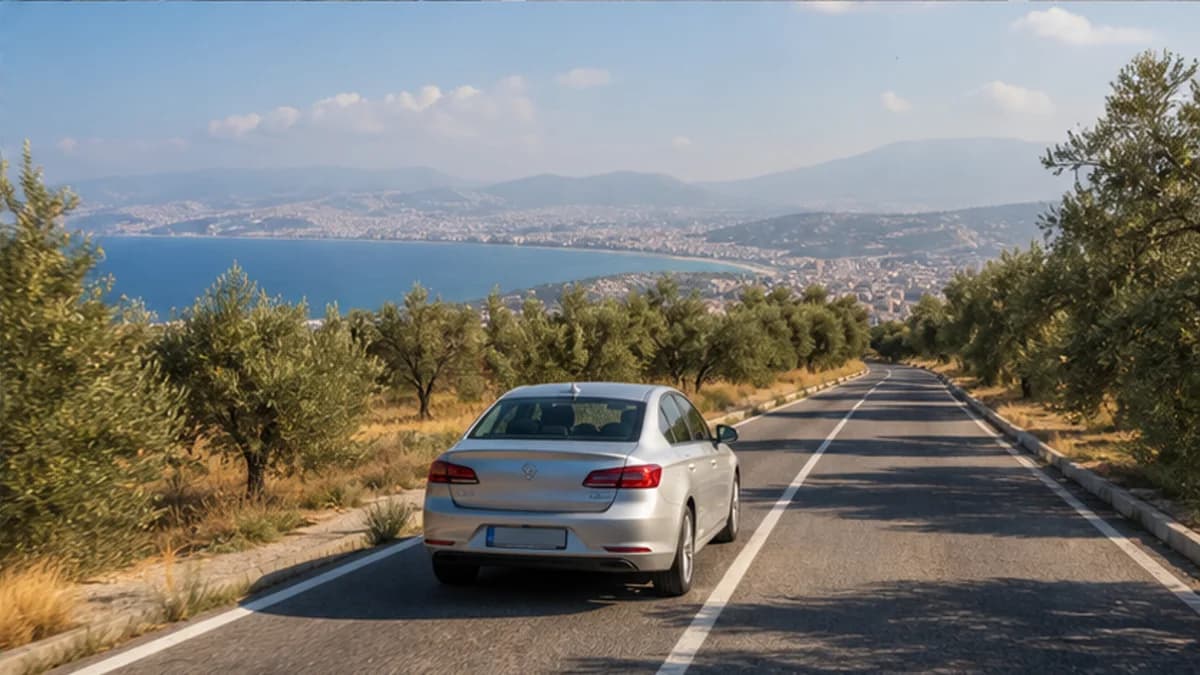 Rental car on a sunny Aegean road near Izmir in Turkey