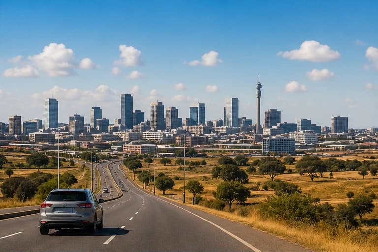 Rental car on an open highveld road outside Johannesburg