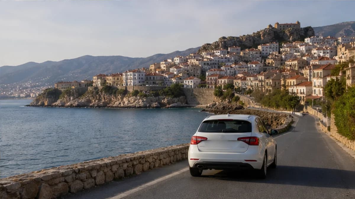 Rental car on an Aegean coastal road near Kavala in northern Greece