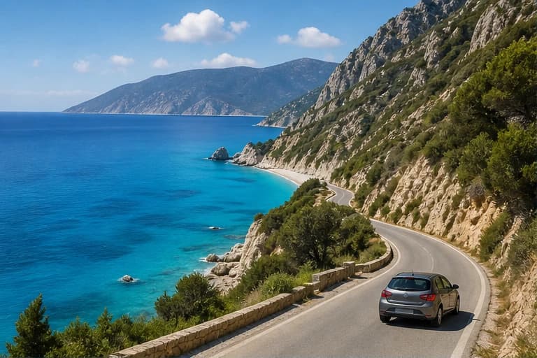 Rental car overlooking a turquoise bay on Kefalonia