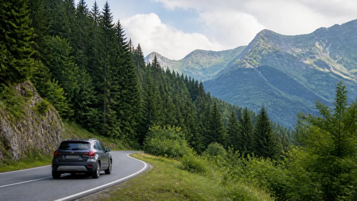 Rental car on a mountain road near Kolašin and Biogradska Gora in Montenegro