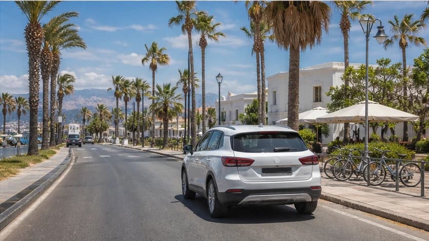 Rental car on a bright coastal road near Kos Town