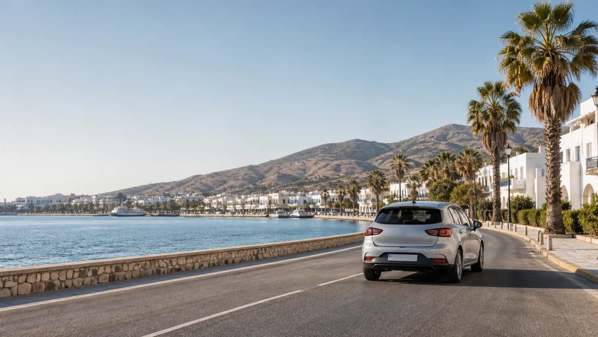 Rental car near Kos Port with the Aegean beyond