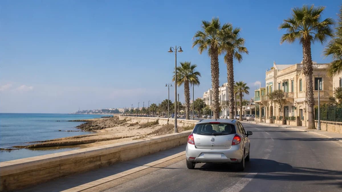 Rental car on a bright Mediterranean road near Larnaca in Cyprus
