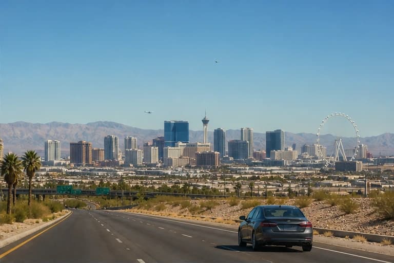 Rental car crossing a red-rock desert highway outside Las Vegas