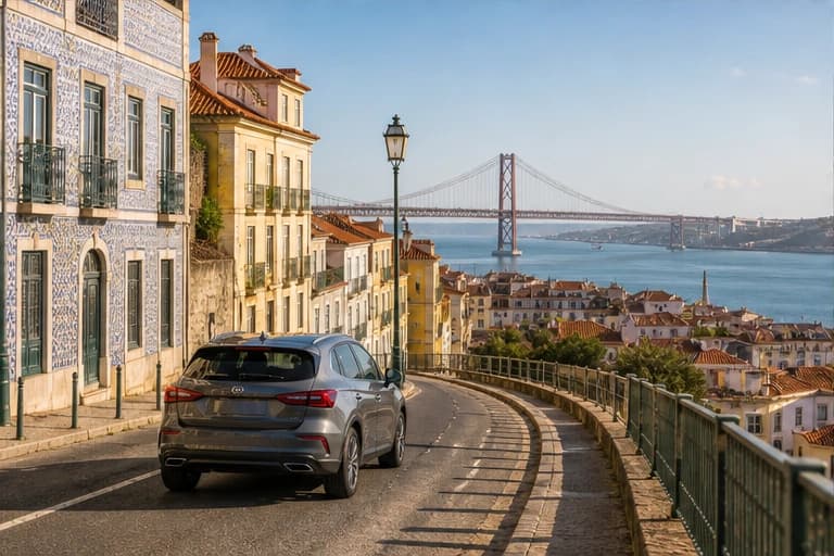 Rental car beside tiled buildings on a bright Lisbon street