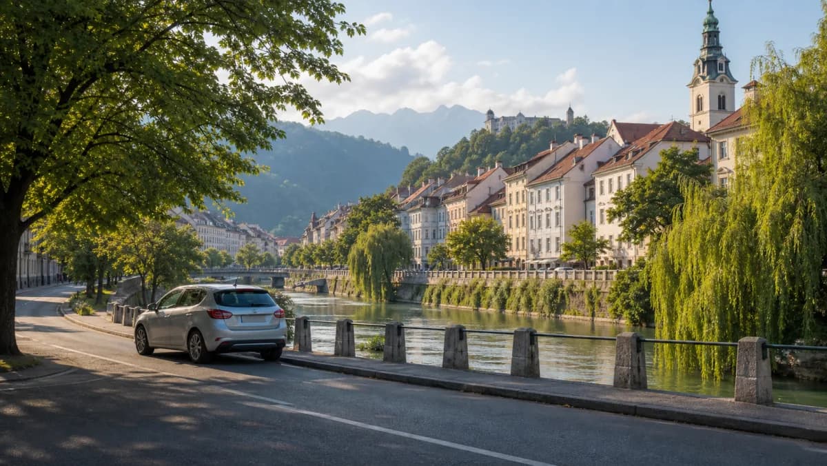 Compact rental car beside the Ljubljanica river with Ljubljana old town and alpine foothills