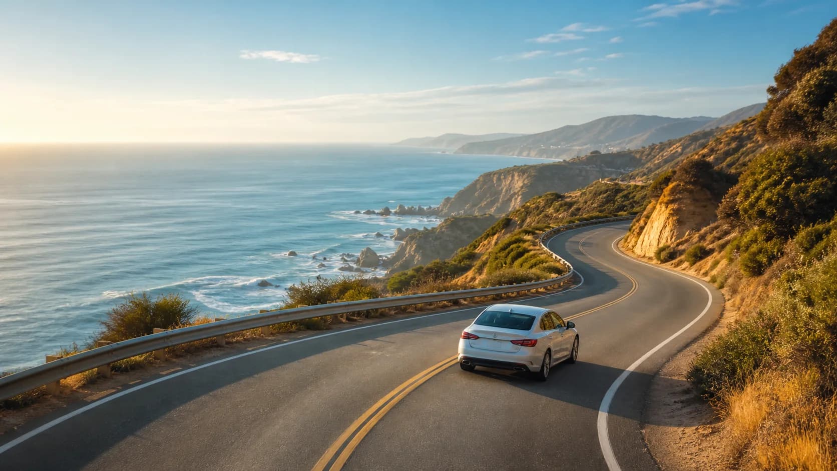 Rental car on a palm-lined boulevard in Los Angeles at golden hour