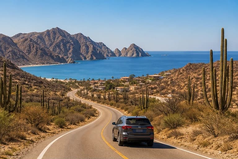 Rental car on a desert coast road in Baja California Sur, Mexico