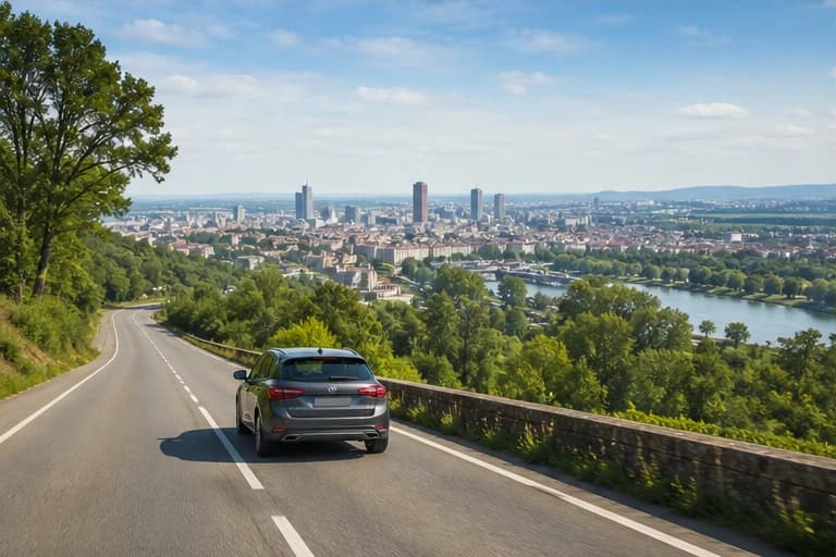 Rental car on a vineyard road in the Rhone Valley near Lyon