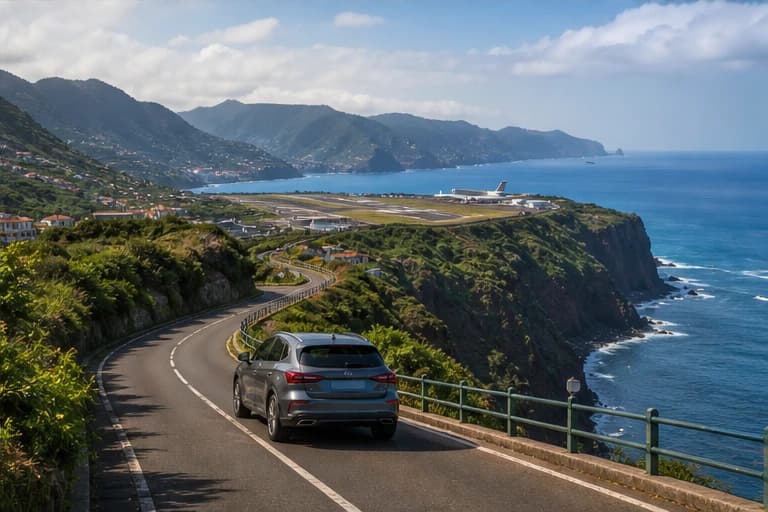 Rental car on a mountain road above the Atlantic on Madeira