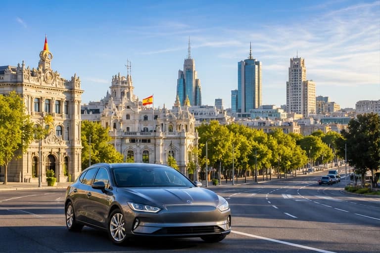Rental car on an open road through golden countryside outside Madrid