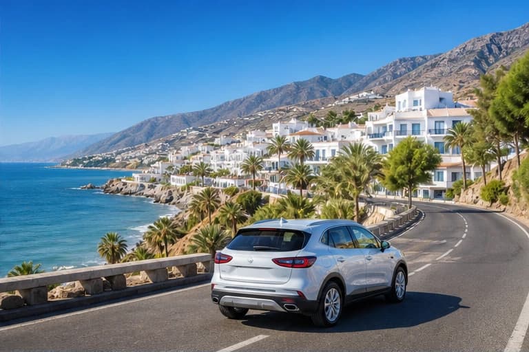 Rental car beside a sunny Andalusian coast road near Malaga