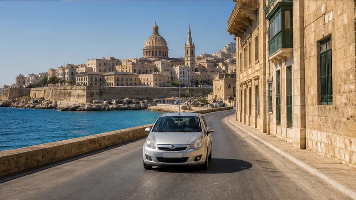 Rental car on a honey-stone coastal road in Malta