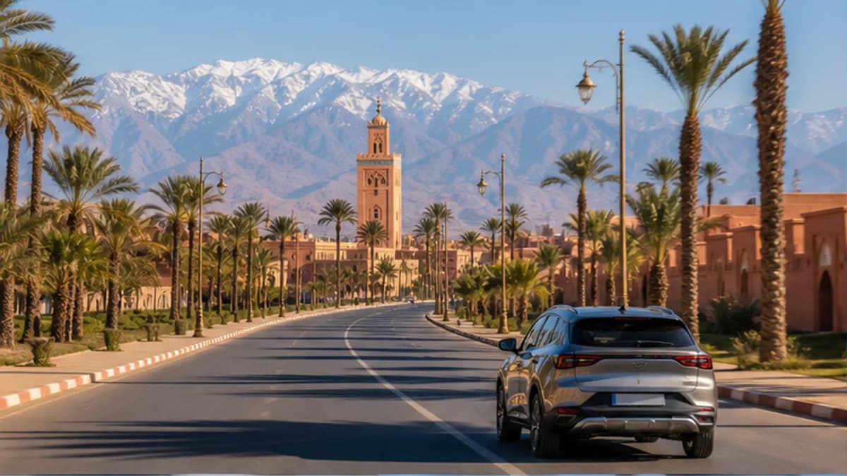 Rental car on a palm-lined road beneath the Atlas Mountains near Marrakech