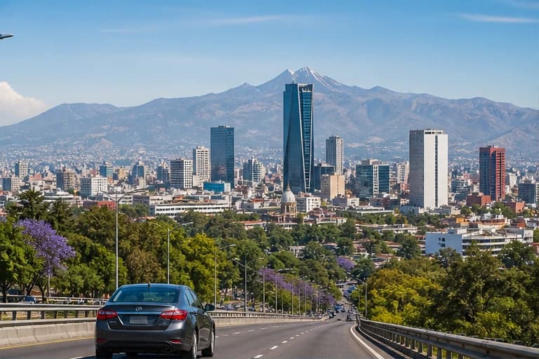 Rental car on a highland road outside Mexico City