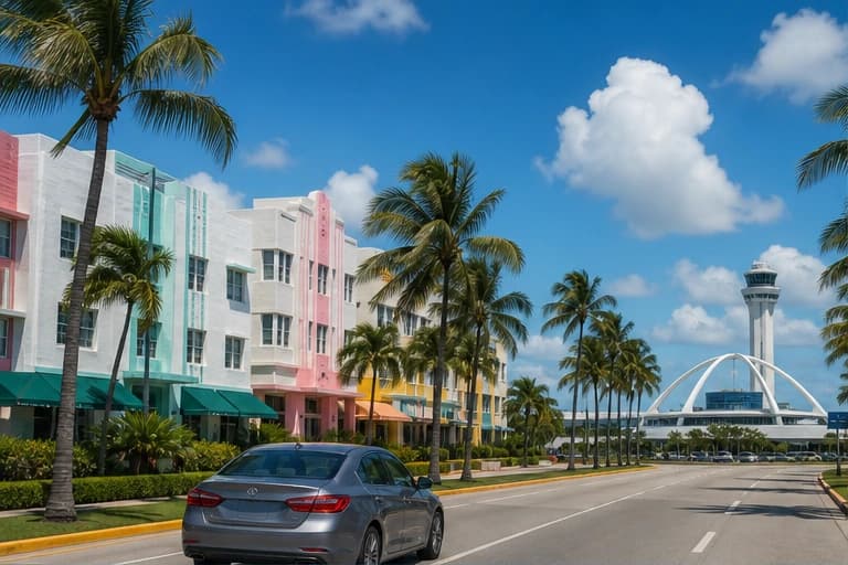 Rental car on a palm-lined Florida road