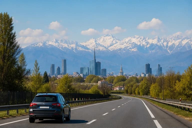 Rental car on a lakeside road with the Italian Alps beyond Milan