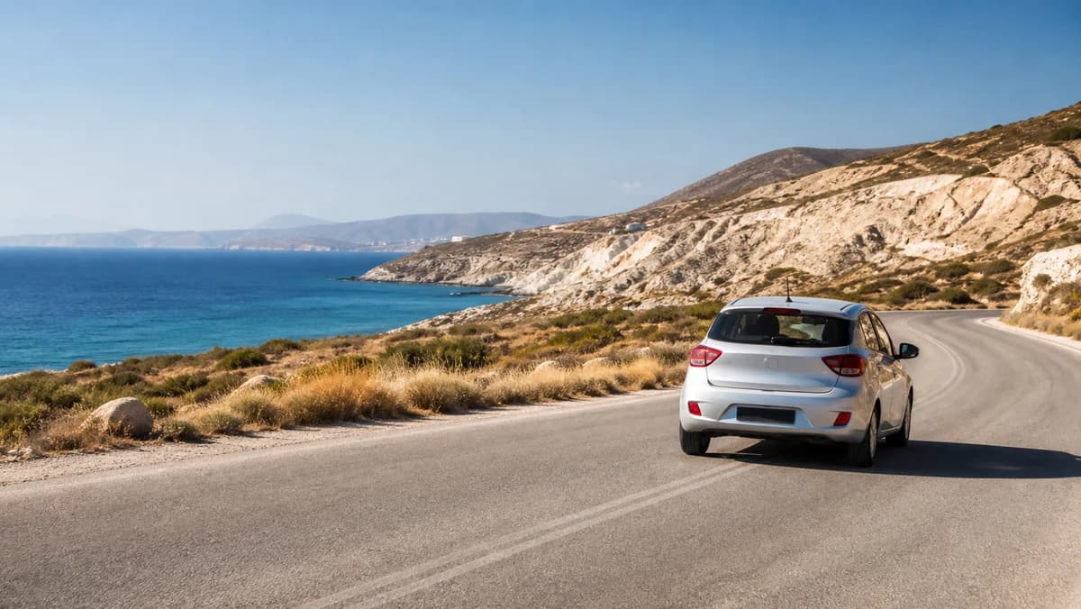 Rental car on a coastal road near Milos Airport, Greece