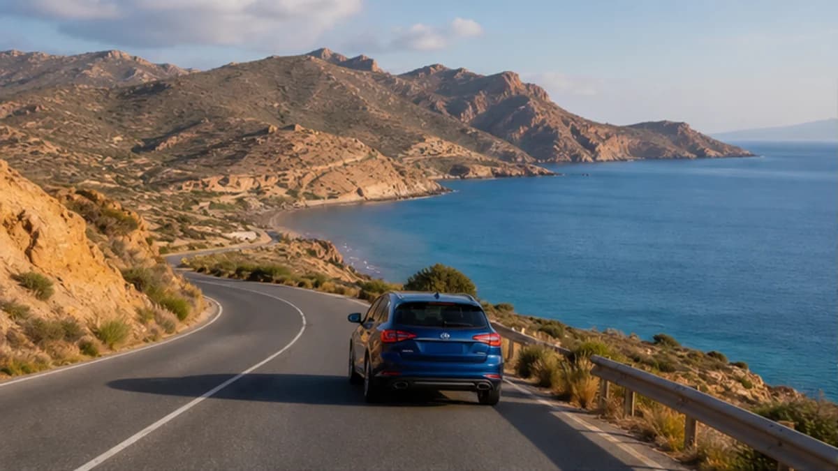 Rental car on a warm coastal road in the Murcia region of Spain