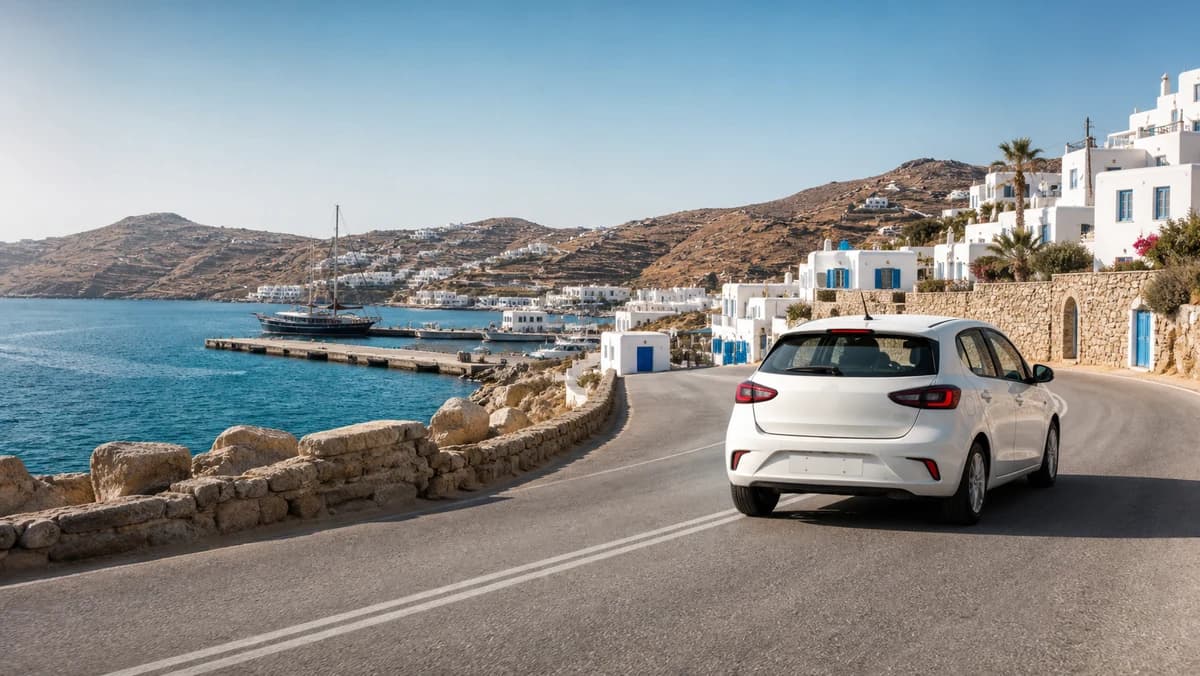 Rental car leaving Mykonos Port with the Aegean beyond