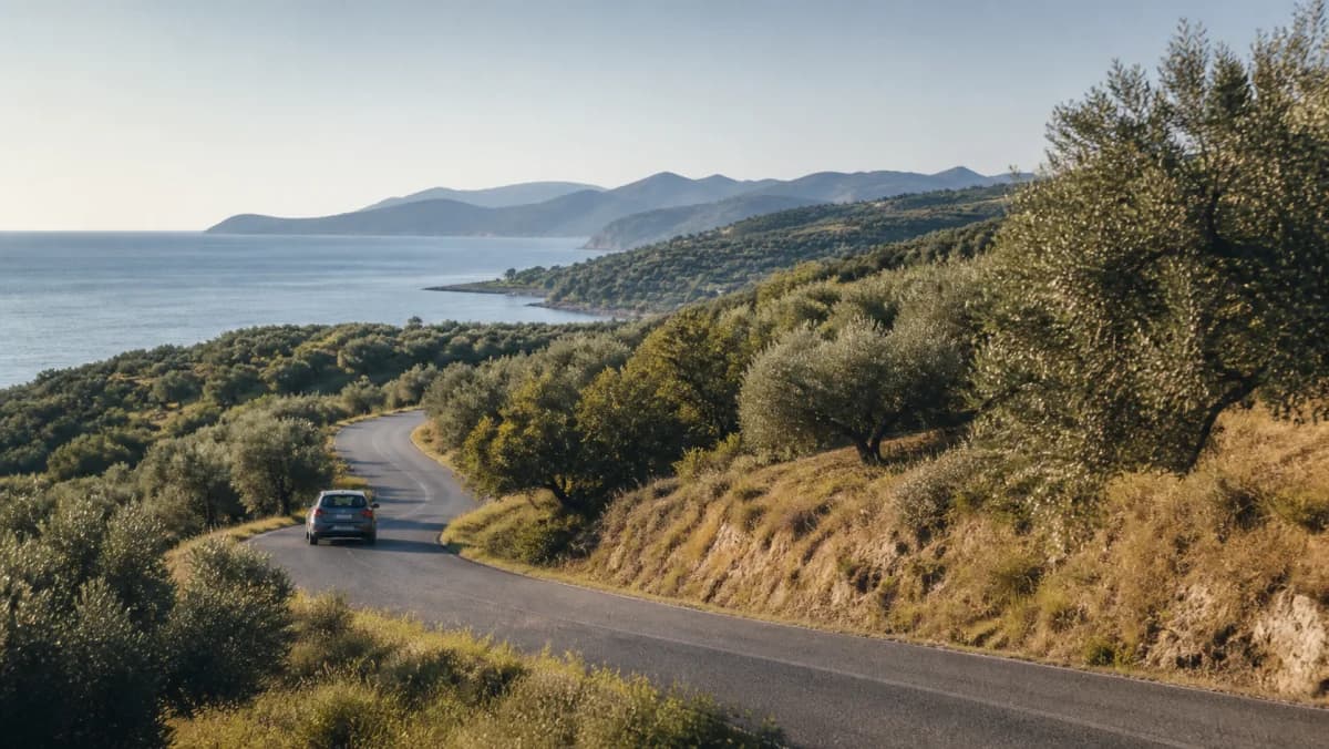 Rental car on a Lesvos road near Mytilene Airport