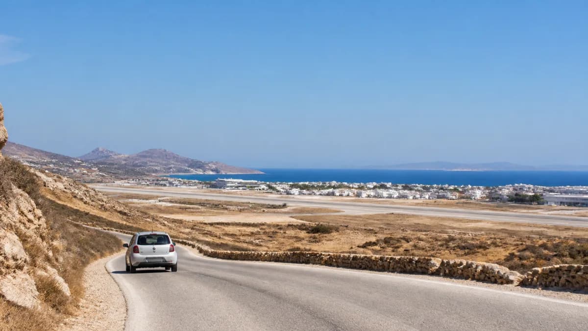 Rental car on a Naxos road near Naxos Airport, Greece