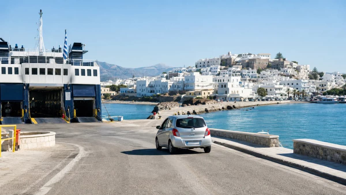 Rental car near Naxos Port with the Aegean beyond