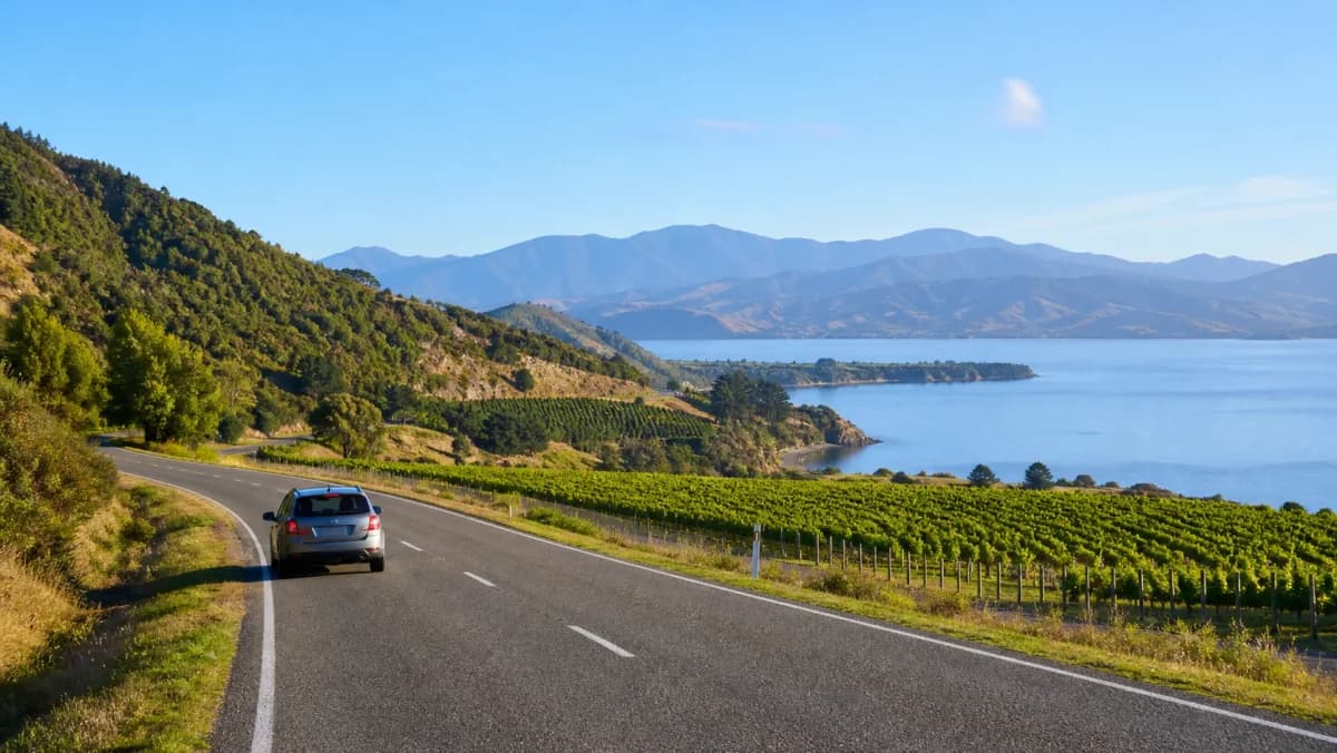 Rental car on a Nelson Tasman road toward the Abel Tasman region