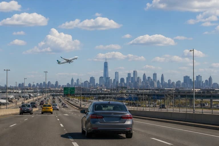 Rental car on a coastal road across Long Island east of New York City