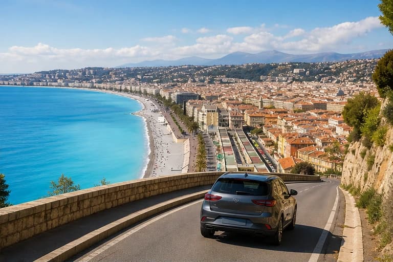 Rental car on a bright coastal boulevard in Nice
