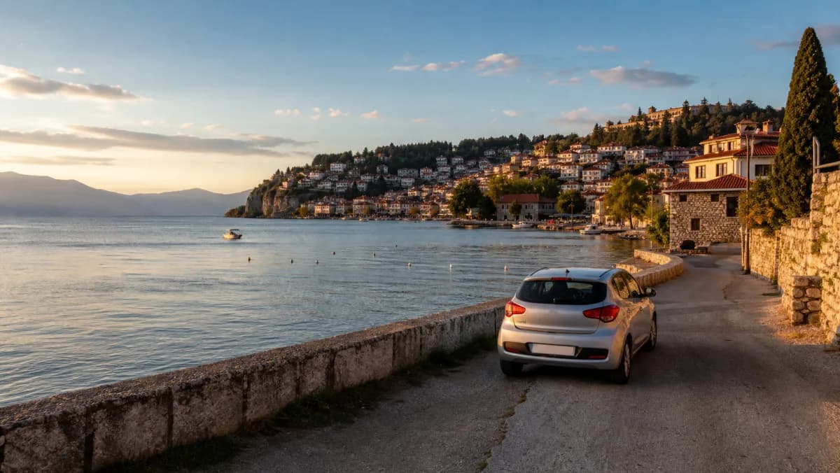 Compact rental car on the Ohrid lakeside road with the old town hillside and Lake Ohrid