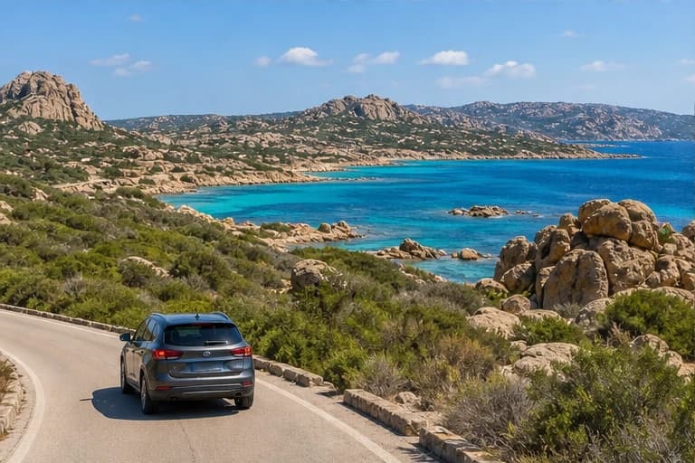 Rental car on a granite-lined coastal road near Olbia in Sardinia