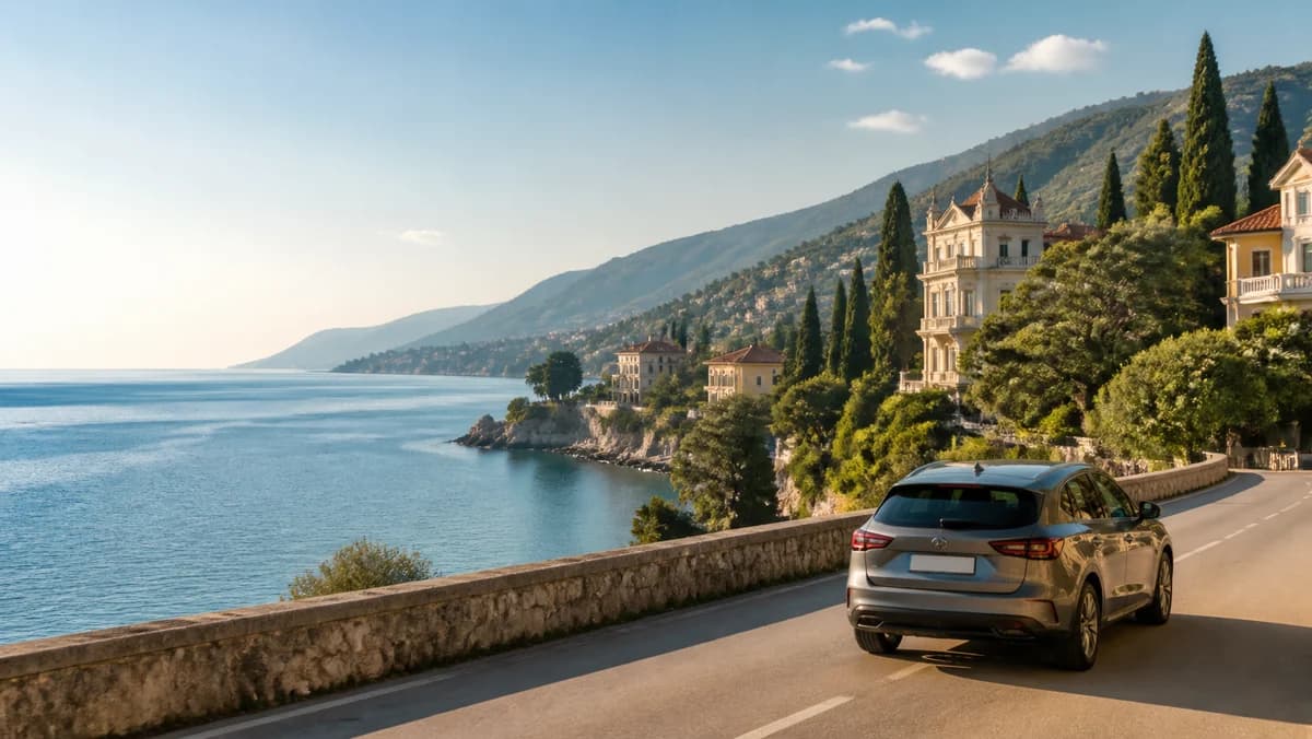 Rental car on the Kvarner coast near Opatija with the Adriatic and wooded hills