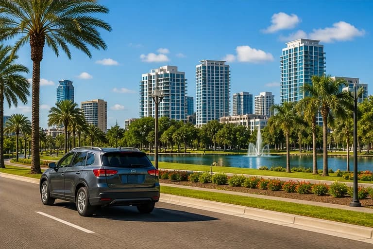Rental car on a sunny lake road lined with palms in Orlando