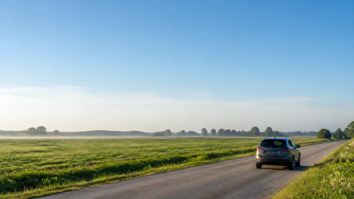 Rental car outside Osijek Airport with the flat green landscape of eastern Croatia