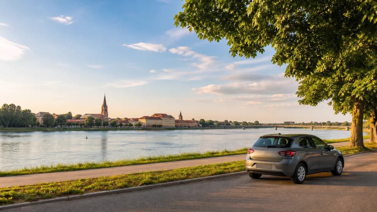 Rental car beside the Drava River near Osijek's historic Tvrđa district