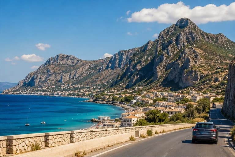 Rental car following a bright coastal road west of Palermo in Sicily